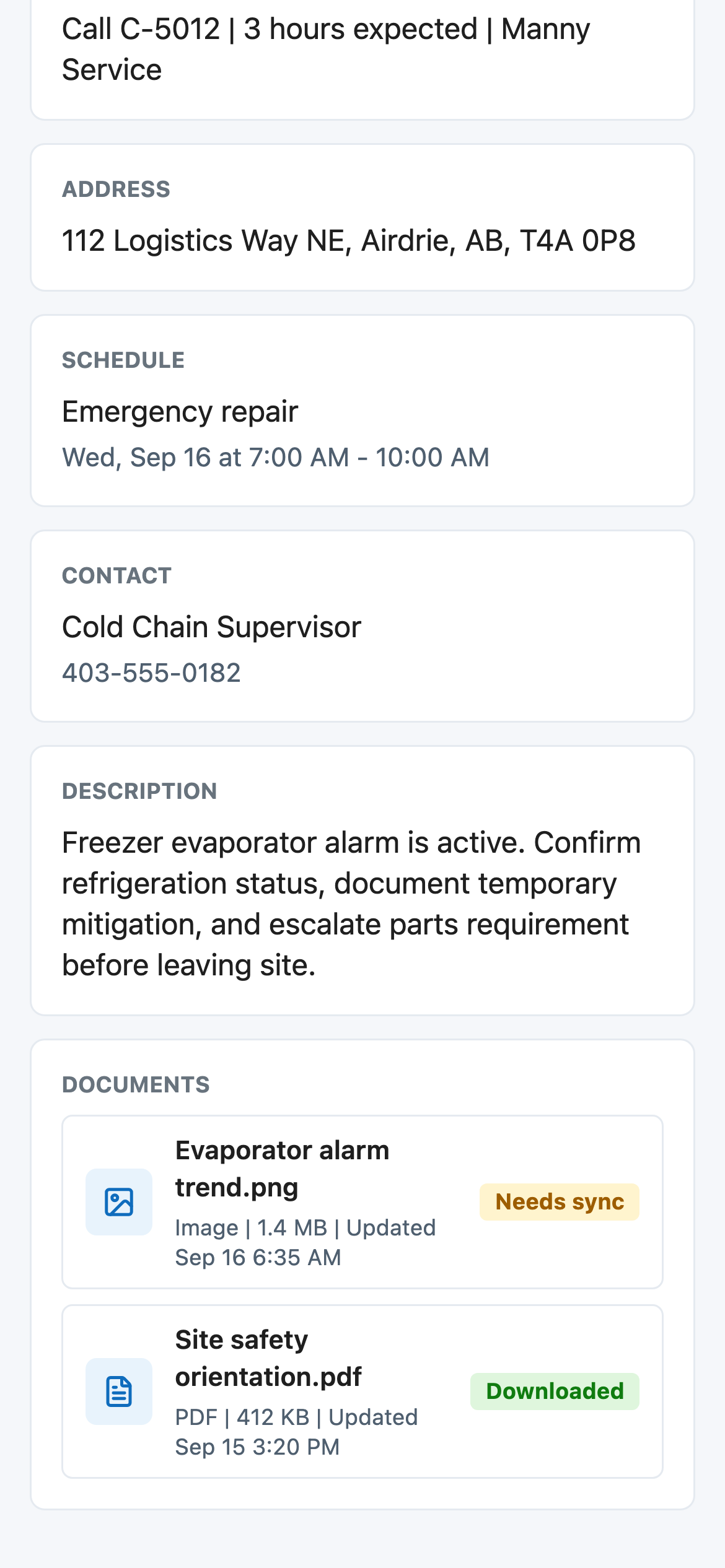 Mobile job detail view showing cached field job information.