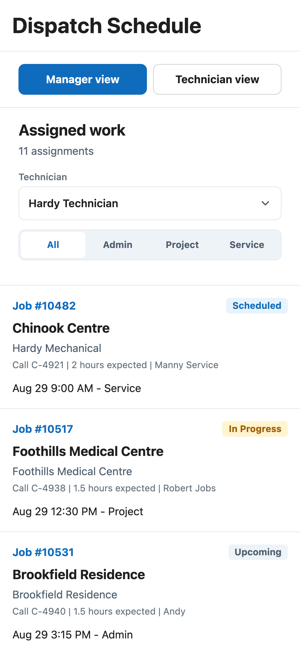 Mobile view of the Hardy field app showing the manager schedule list.