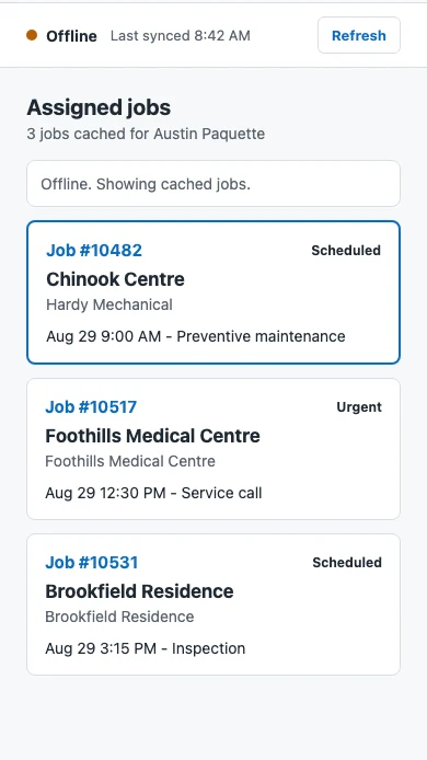 Mobile view showing assigned Hardy field jobs with an offline status.
